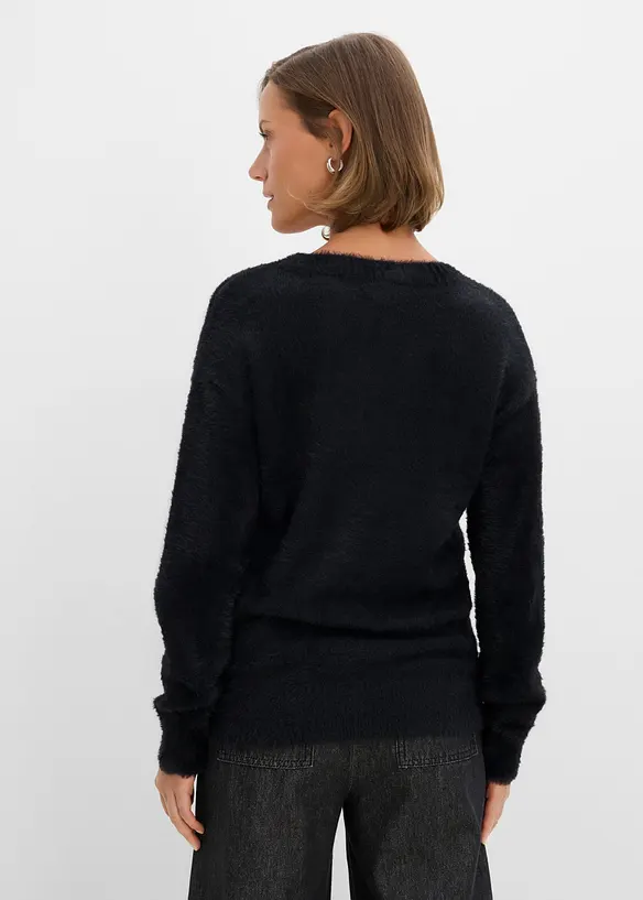 Pullover in Plüschoptik mit Viskose in schwarz von hinten (im Anschnitt) - bonprix