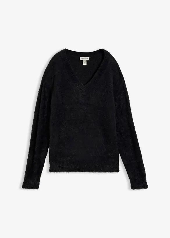 Pullover in Plüschoptik mit Viskose in schwarz von vorne - bonprix