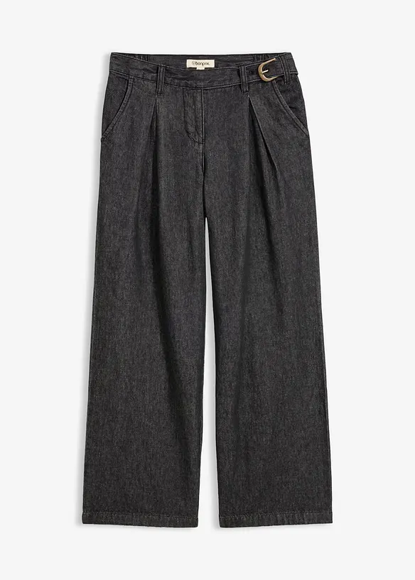 Wide-Leg-Jeans mit Bundfalten in schwarz von vorne - bonprix