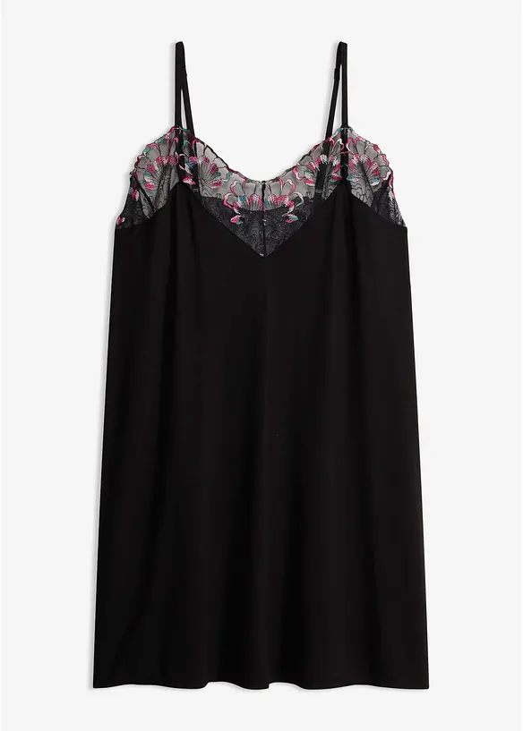 Negligé aus weicher Viskose mit zarter Stickerei in schwarz von vorne - bonprix
