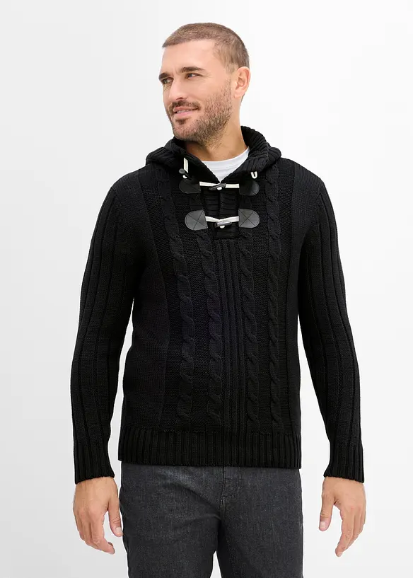 Grobstrick-Kapuzenpullover in Regular Fit in schwarz von vorne (im Anschnitt) - bonprix