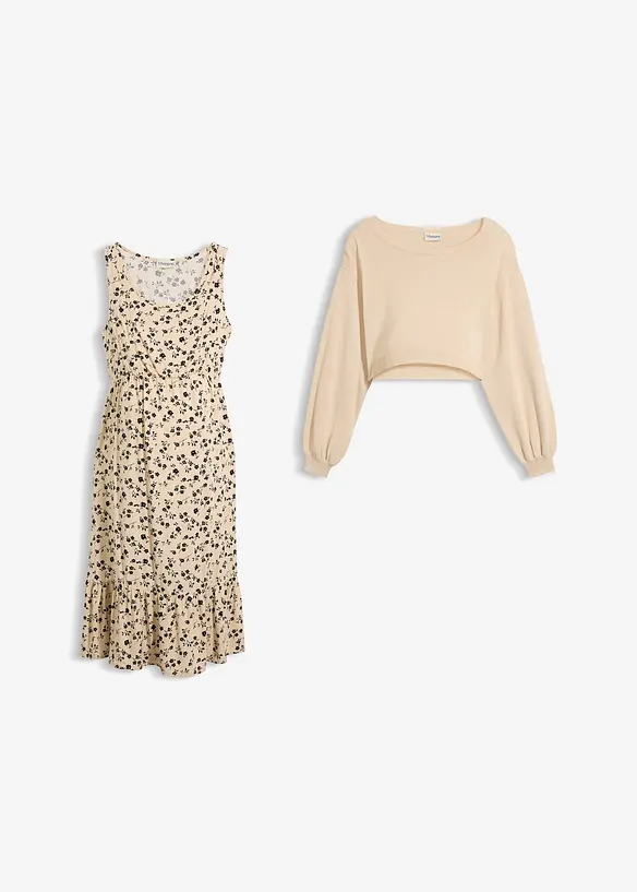 3-in-1 Umstands- und Stillkleid mit separatem Pullover (2-teiliges Set) in beige von vorne - bonprix