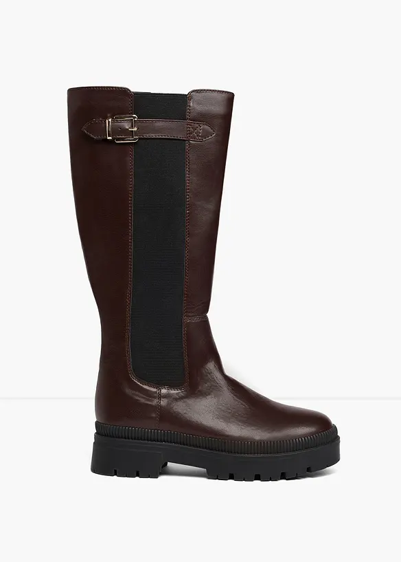 Gefütterter Plateau-Stiefel mit Stretch-Einsatz in braun - bonprix