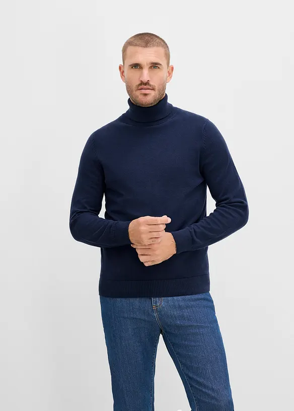 Feinstrick-Rollkragenpullover mit edler Merinowolle, Slim-Fit in blau von vorne (im Anschnitt) - bonprix