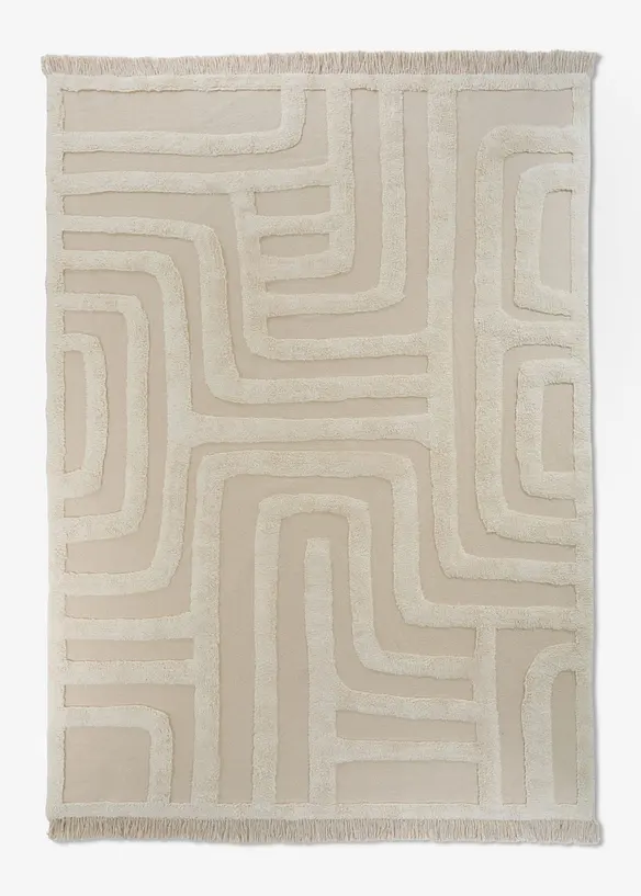 Baumwoll-Teppich mit Hoch-Tief Struktur und Fransen in beige von vorne - bonprix