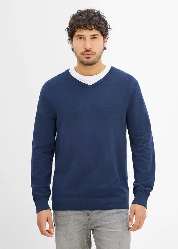Feinstrickpullover  in Regular Fit (2er Pack) in blau von vorne (im Anschnitt) - bonprix
