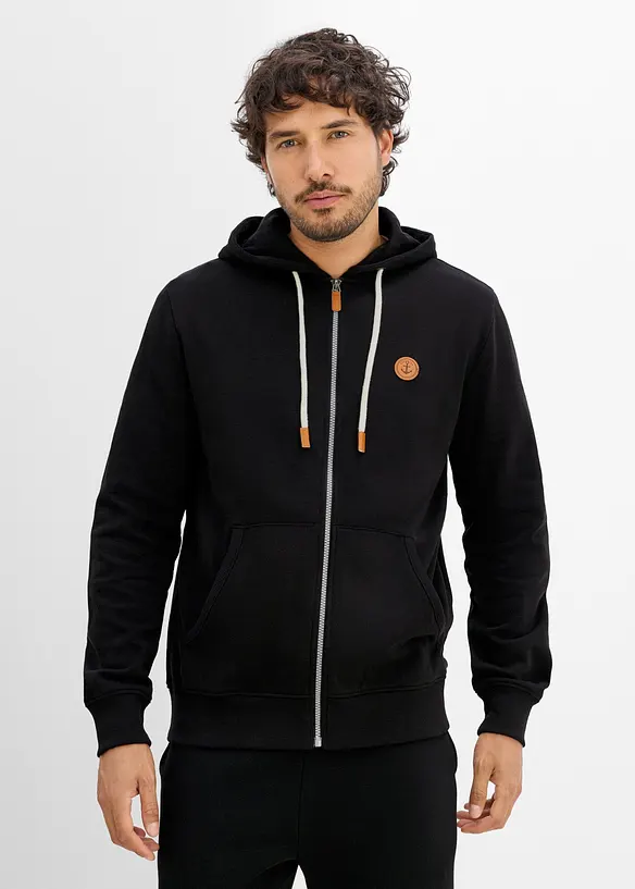 Kapuzen-Sweatjacke aus weichem Baumwoll-Mix in schwarz von vorne (im Anschnitt) - bonprix