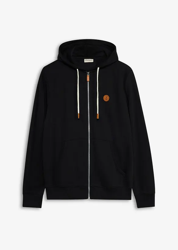 Kapuzen-Sweatjacke aus weichem Baumwoll-Mix in schwarz von vorne - bonprix