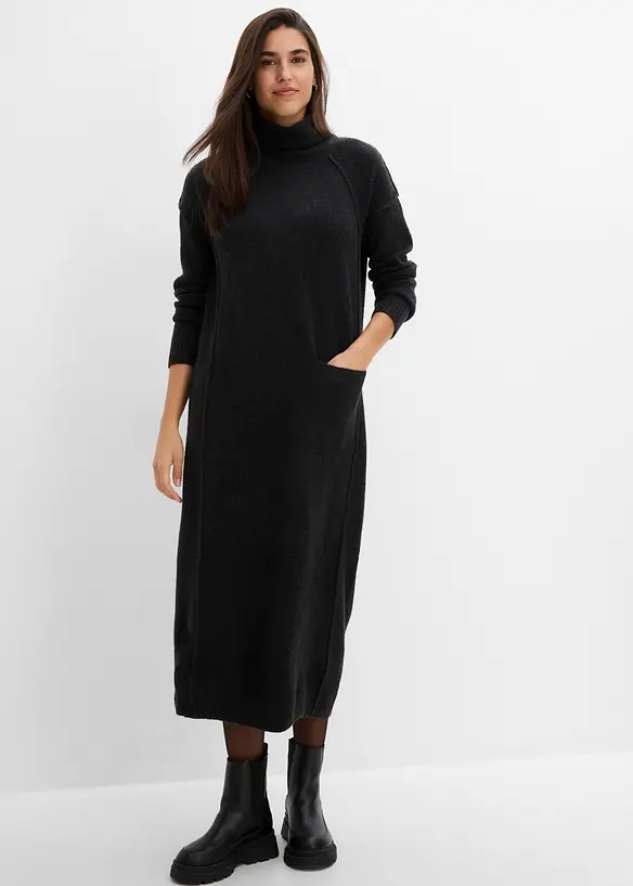 Strickkleid mit Rollkragen in schwarz von vorne (Totalaufnahme) - bonprix