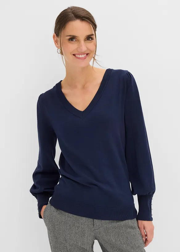 Feinstrickpullover aus Viskose-Mix in blau von vorne (im Anschnitt) - bonprix Feinstrickpullover aus Viskose-Mix in blau von vorne (im Anschnitt) - bonprix