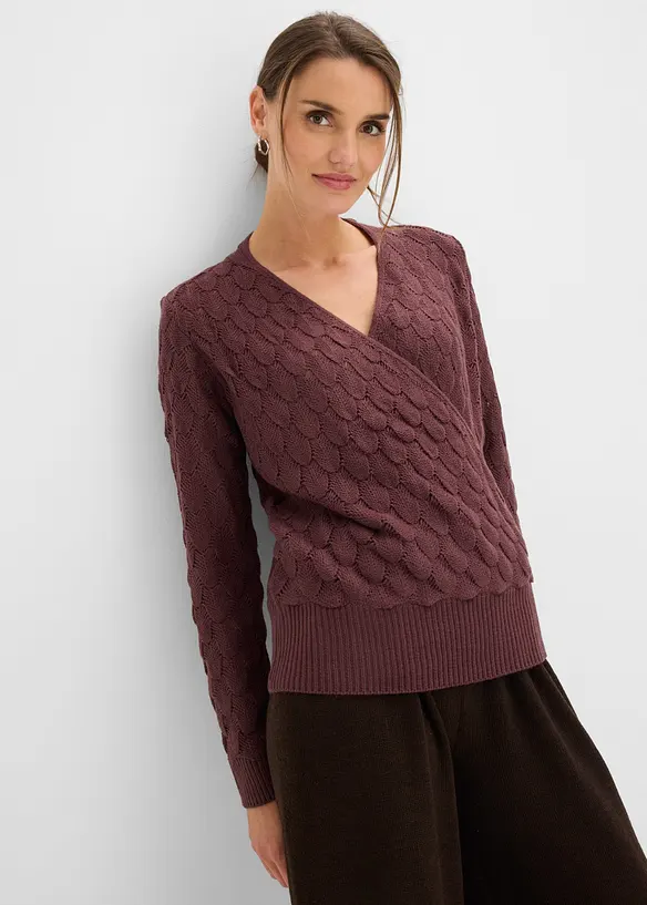 Ajour-Pullover in Wickeloptik in lila von vorne (im Anschnitt) - bonprix Ajour-Pullover in Wickeloptik in lila von vorne (im Anschnitt) - bonprix
