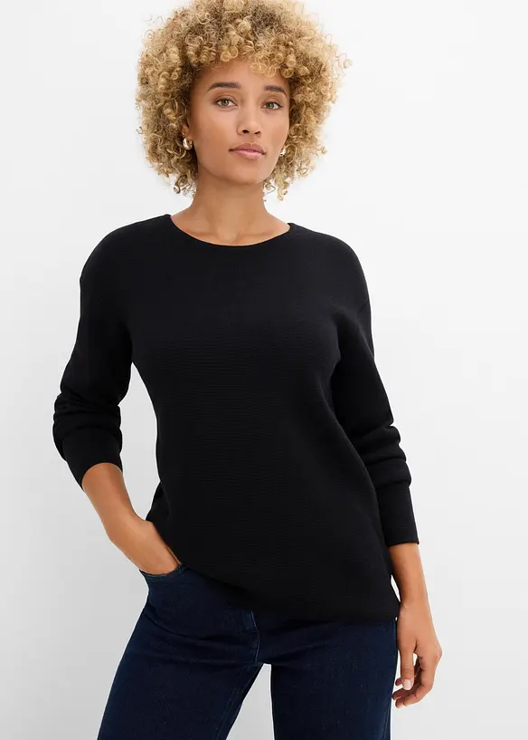 Milano Rib Pullover mit Rundhals in schwarz von vorne (im Anschnitt) - bonprix Milano Rib Pullover mit Rundhals in schwarz von vorne (im Anschnitt) - bonprix