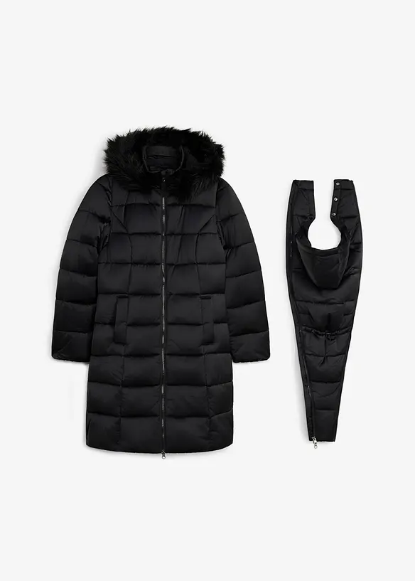 3-in-1-Umstands-Pufferjacke mit Trageeinsatz und abnehmbarem Fellbesatz in schwarz von vorne - bonprix