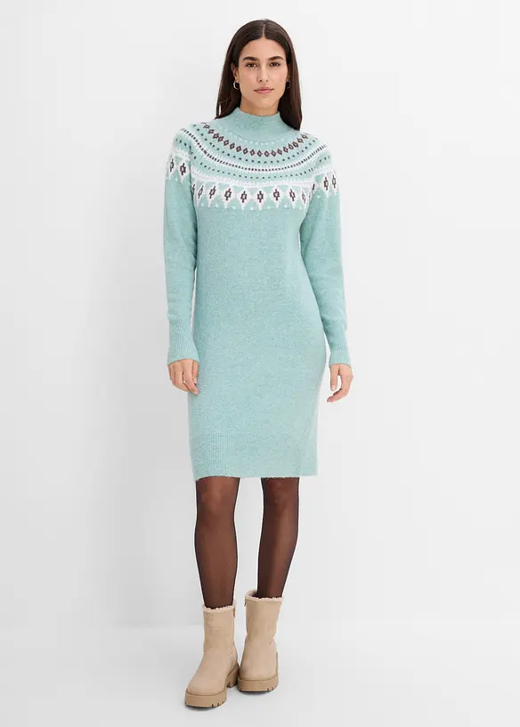 Norweger-Strickkleid mit Stehkragen in blau von vorne (Totalaufnahme) - bonprix Norweger-Strickkleid mit Stehkragen in blau von vorne (Totalaufnahme) - bonprix