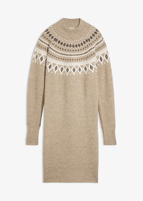 Norweger-Strickkleid mit Stehkragen in beige von vorne - bonprix Norweger-Strickkleid mit Stehkragen in beige von vorne - bonprix