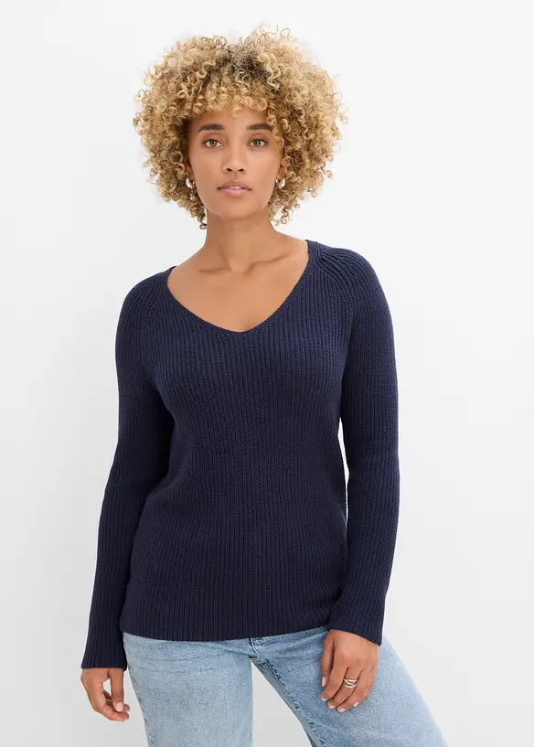 Gerippter Pullover aus reiner Baumwolle in blau von vorne (im Anschnitt) - bonprix Gerippter Pullover aus reiner Baumwolle in blau von vorne (im Anschnitt) - bonprix