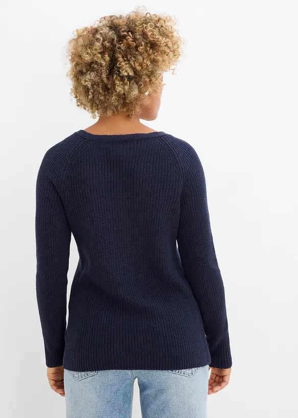 Gerippter Pullover aus reiner Baumwolle in blau von hinten (im Anschnitt) - bonprix Gerippter Pullover aus reiner Baumwolle in blau von hinten (im Anschnitt) - bonprix