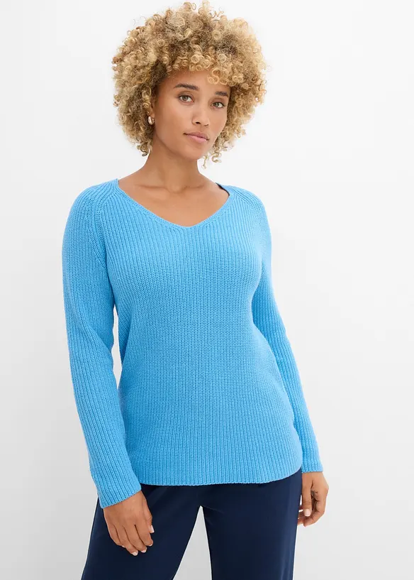Gerippter Pullover aus reiner Baumwolle in blau von vorne (im Anschnitt) - bonprix Gerippter Pullover aus reiner Baumwolle in blau von vorne (im Anschnitt) - bonprix