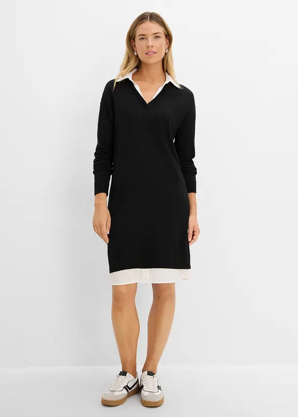 Strickkleid mit Blusen-Einsatz in schwarz von vorne (Totalaufnahme) - bonprix Strickkleid mit Blusen-Einsatz in schwarz von vorne (Totalaufnahme) - bonprix