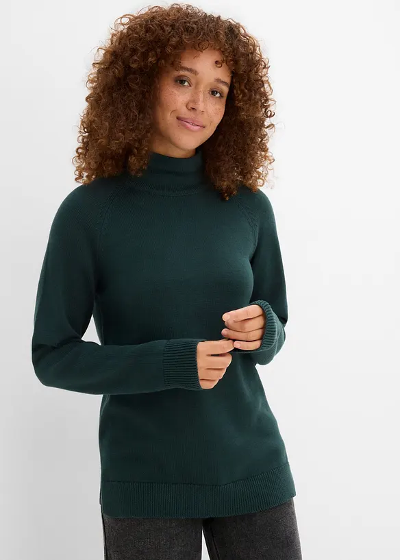 Rollkragenpullover aus reiner Baumwolle in grün von vorne (im Anschnitt) - bonprix Rollkragenpullover aus reiner Baumwolle in grün von vorne (im Anschnitt) - bonprix