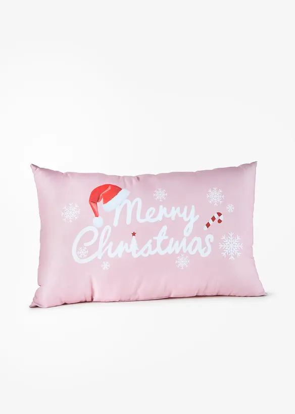 Dekokissen mit ausreichend Füllung und "Merry Christmas"- Print in rosa von vorne - bonprix