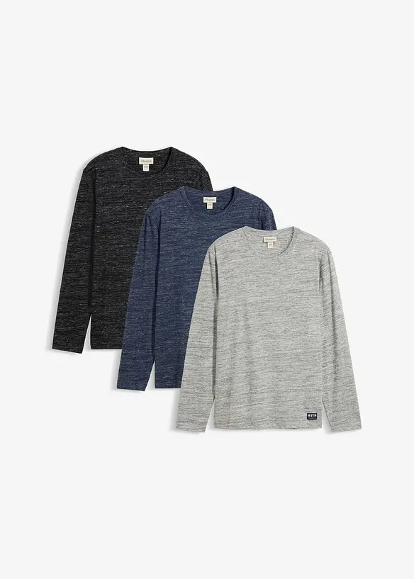 Langarmshirt mit Baumwoll-Mix (3er Pack) in blau von vorne - bonprix