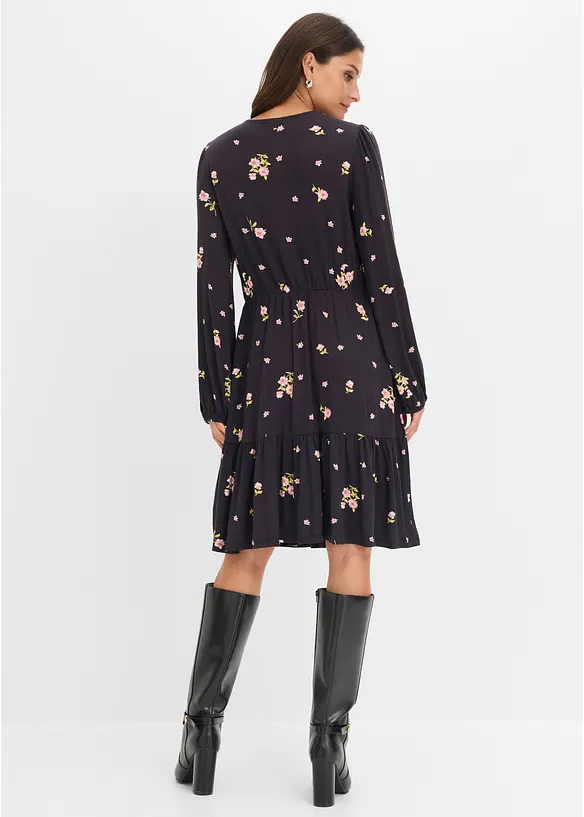 Jerseykleid mit Ballonärmeln in schwarz von hinten (Totalaufnahme) - bonprix