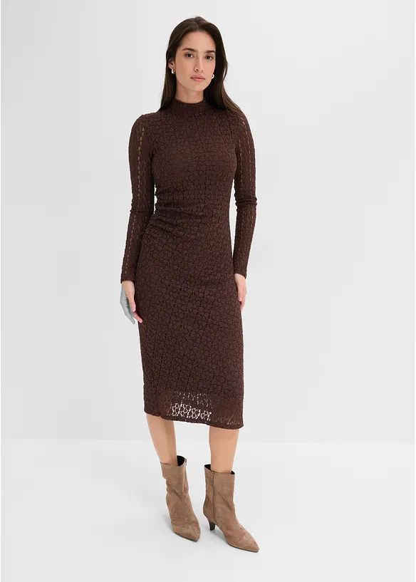 Jerseykleid in Ajour-Spitzen-Optik in braun von vorne (Totalaufnahme) - bonprix Jerseykleid in Ajour-Spitzen-Optik in braun von vorne (Totalaufnahme) - bonprix