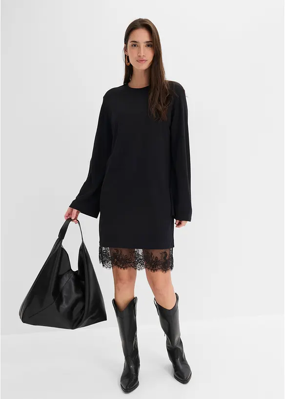 Jerseykleid mit Spitzen-Details in schwarz von vorne (Totalaufnahme) - bonprix Jerseykleid mit Spitzen-Details in schwarz von vorne (Totalaufnahme) - bonprix