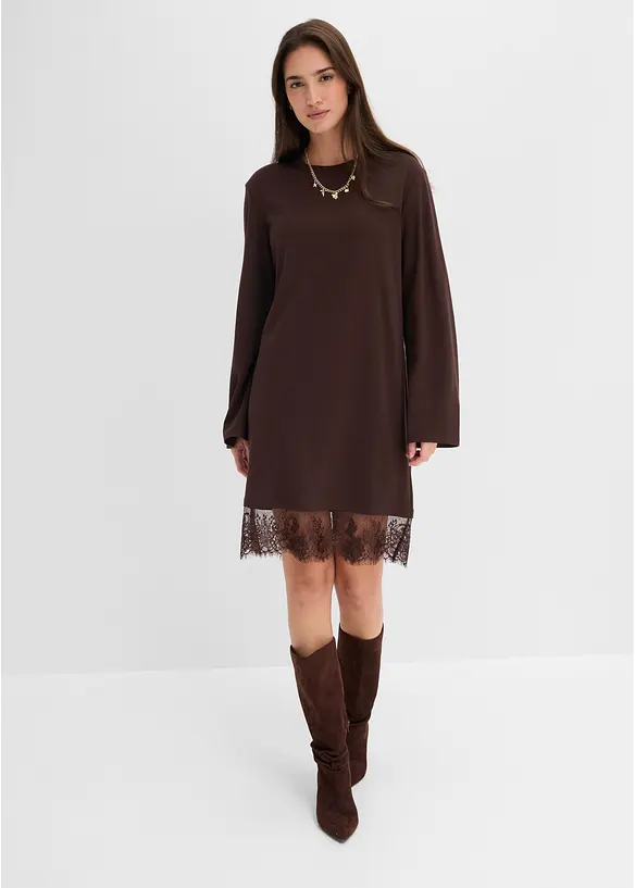 Jerseykleid mit Spitzen-Details in braun von vorne (Totalaufnahme) - bonprix Jerseykleid mit Spitzen-Details in braun von vorne (Totalaufnahme) - bonprix