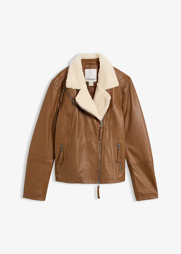 Leder Biker-Jacke aus Lammnappa in braun von vorne - bonprix