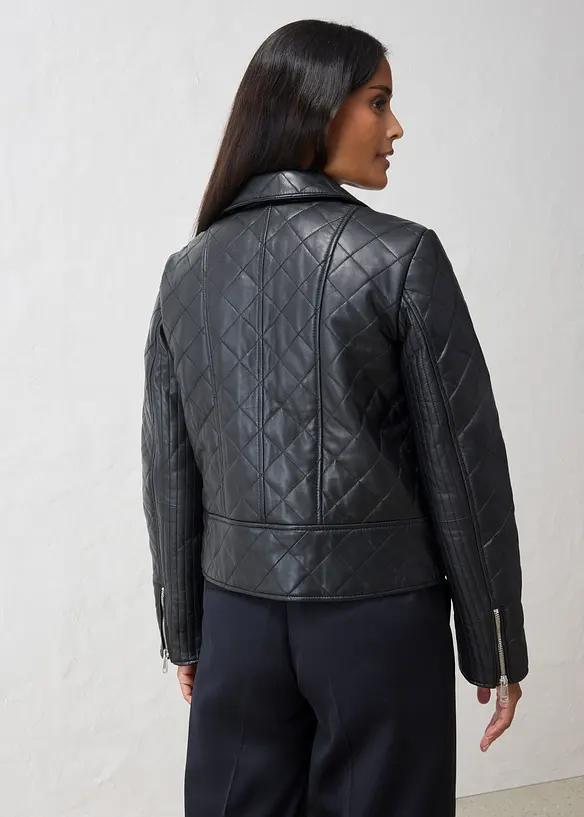 Gesteppte Leder-Biker-Jacke aus Lammnappa in schwarz von hinten (im Anschnitt) - bonprix