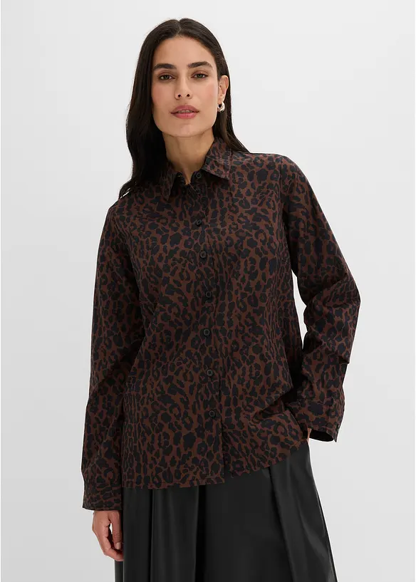 Hemdbluse aus Baumwollstretch, bügelfrei in braun von vorne (im Anschnitt) - bonprix