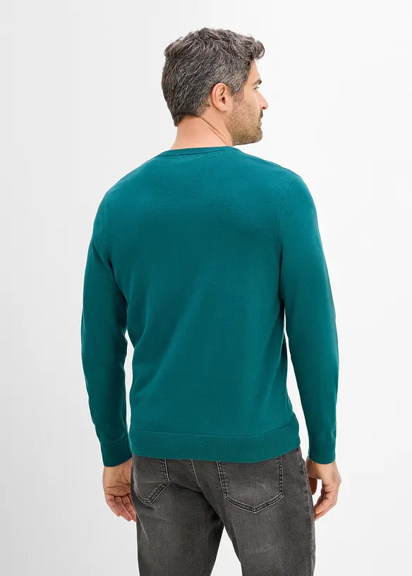 Feinstrickpullover aus weichem Baumwollmix in petrol von hinten (im Anschnitt) - bonprix