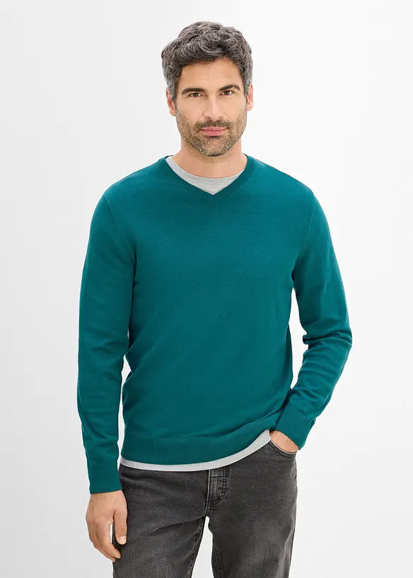Feinstrickpullover aus weichem Baumwollmix in petrol von vorne (im Anschnitt) - bonprix