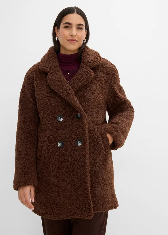 Kurzmantel in Teddy-Optik in braun von vorne (Totalaufnahme) - bonprix