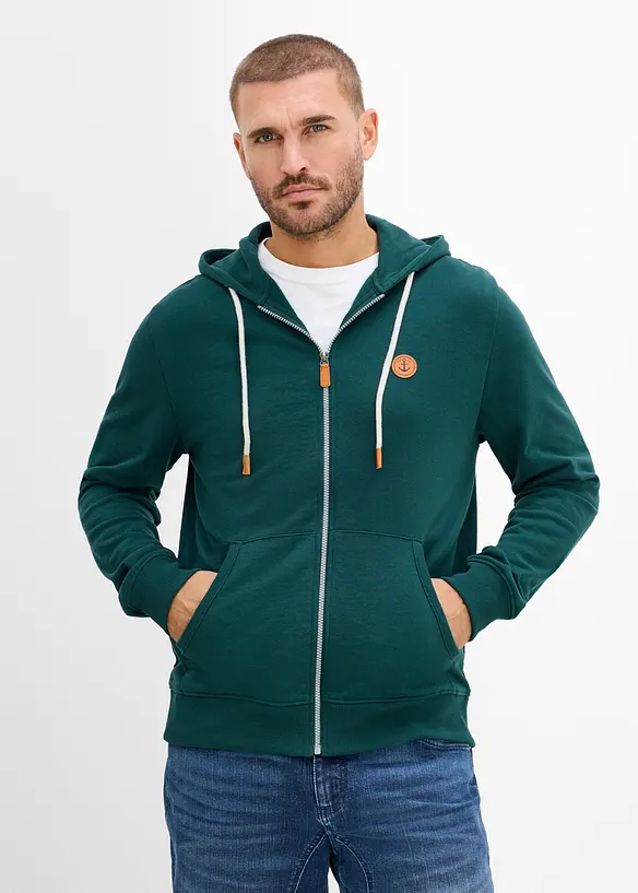 Kapuzen-Sweatjacke aus weichem Baumwoll-Mix in grün von vorne (im Anschnitt) - bonprix