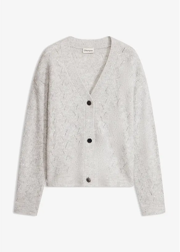 Ajour-Strickjacke mit Knopfreihe in grau von vorne - bonprix