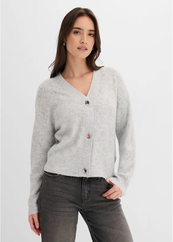 Ajour-Strickjacke mit Knopfreihe in grau von vorne (im Anschnitt) - bonprix