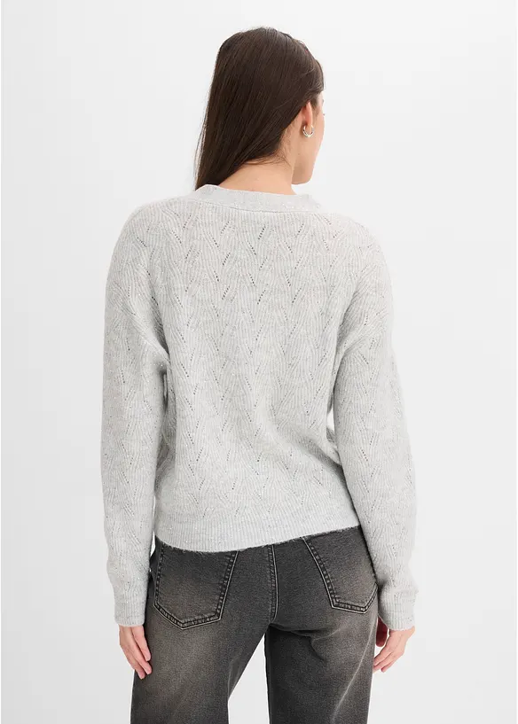 Ajour-Strickjacke mit Knopfreihe in grau von hinten (im Anschnitt) - bonprix