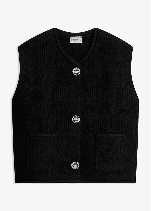 Strickweste mit dekorativen Knöpfen in schwarz von vorne - bonprix