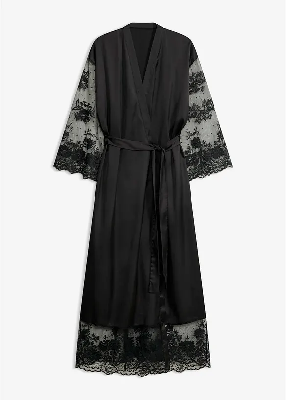 Satin Kimono mit Spitze in schwarz von vorne - bonprix