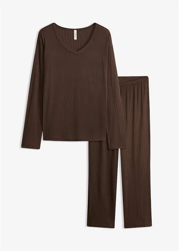 Pyjama aus weichem Pointelle in braun von vorne - bonprix