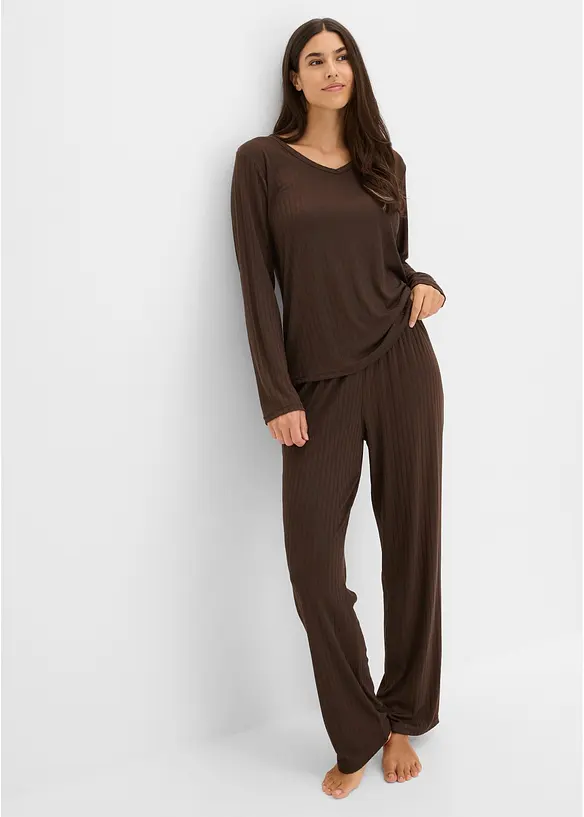 Pyjama aus weichem Pointelle in braun im Look von vorne (Totalaufnahme) - bonprix