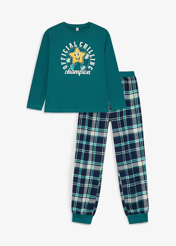 Pyjama aus reiner Baumwolle (2tlg. Set) in petrol von vorne - bonprix