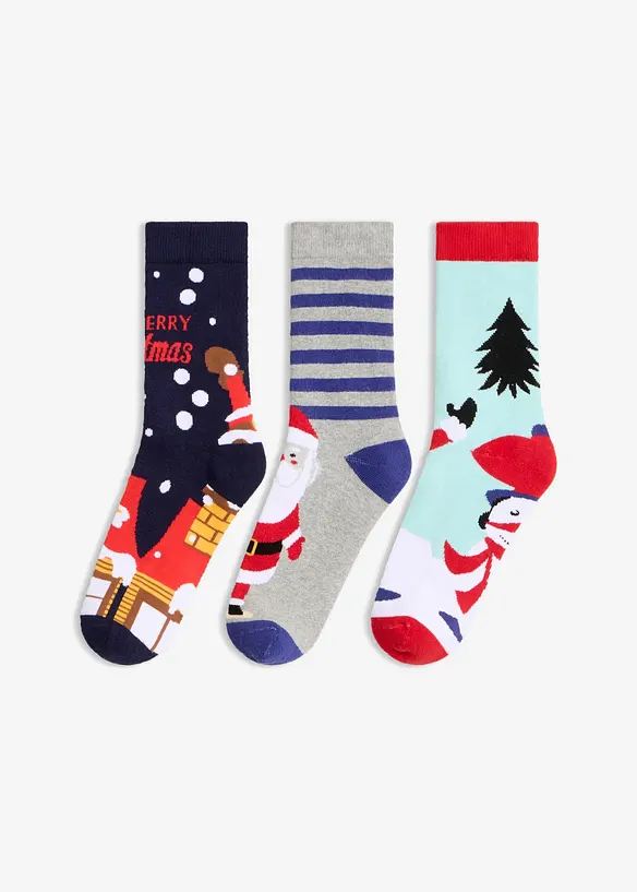 Socken mit Weihnachtsmotiv und Bio-Baumwolle (3er Pack)  in schwarz von vorne - bonprix