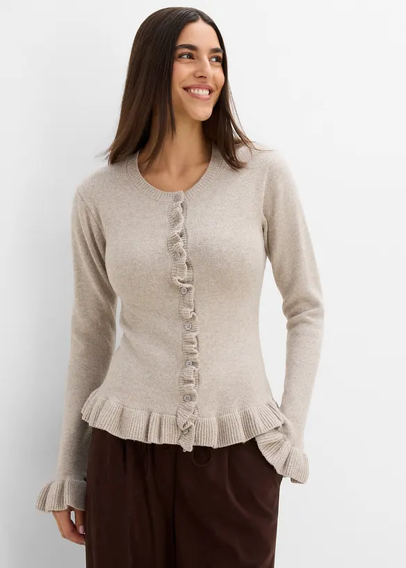 Ajour-Strickjacke in beige von vorne (im Anschnitt) - bonprix