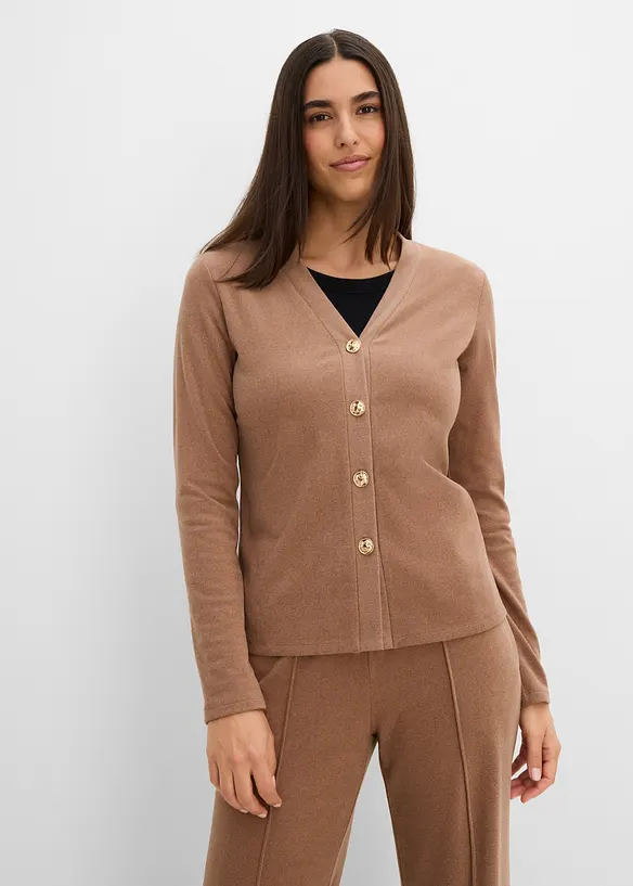 Cardigan aus weichem Rippjersey in braun von vorne (im Anschnitt) - bonprix