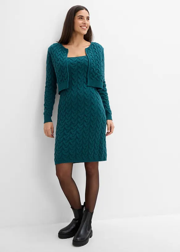 Strickkleid mit angesetztem Bolero - 2 in 1 Optik in petrol von vorne (Totalaufnahme) - bonprix