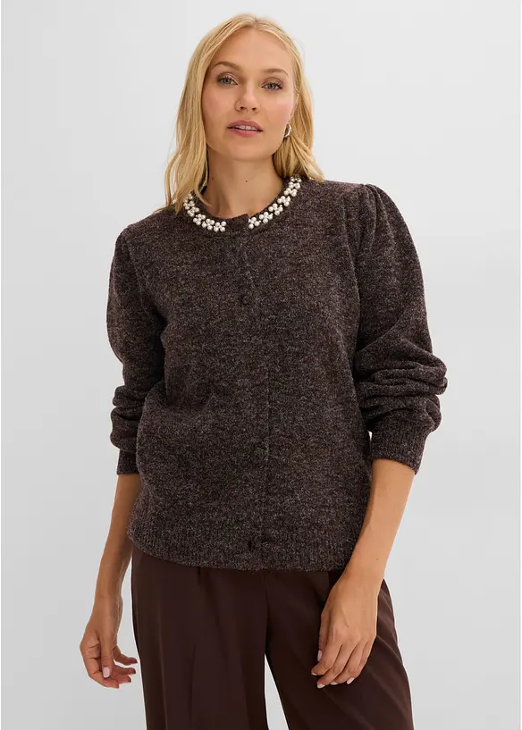 Strickjacke mit Puffärmeln in braun von vorne (im Anschnitt) - bonprix